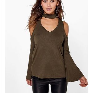 Open Shoulder Bell Sleeve Choker Top